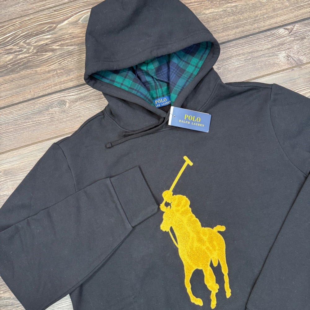 Polo Ralph Lauren RL Fleece Big Pony Hoodie Black Gold Size Large Sweatshirt NEW